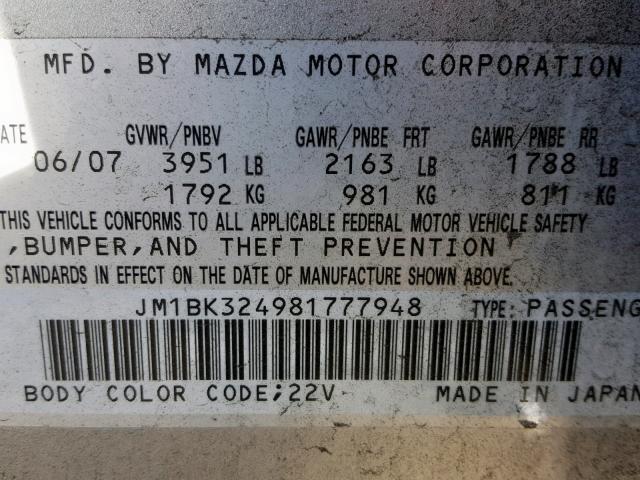 JM1BK324981777948 - 2008 MAZDA 3 S SILVER photo 10