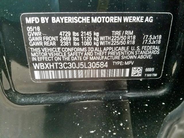WBXHT3C30J5L30584 - 2018 BMW X1 XDRIVE2 BLACK photo 10