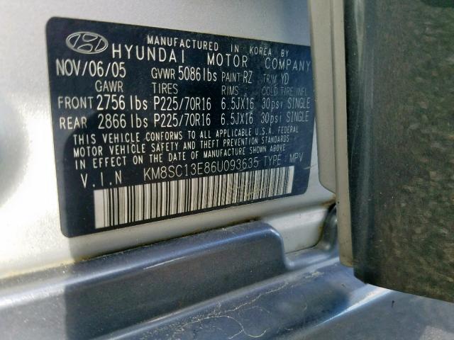 KM8SC13E86U093635 - 2006 HYUNDAI SANTA FE G SILVER photo 10