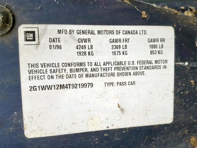 2G1WW12M4T9219979 - 1996 CHEVROLET MONTE CARL ლურჯი ფოტო 10