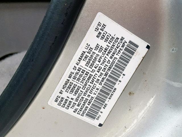 5FNRL38218B020275 - 2008 HONDA ODYSSEY LX GRAY photo 10