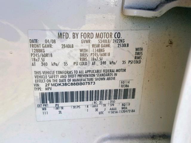 2FMDK38C88BB07573 - 2008 FORD EDGE SEL WHITE photo 10