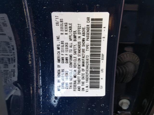 1HGCR2F83HA295873 - 2017 HONDA ACCORD EXL BLUE photo 10