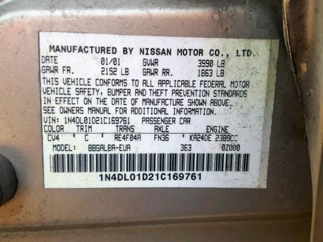 1N4DL01D21C169761 - 2001 NISSAN ALTIMA XE TAN photo 10