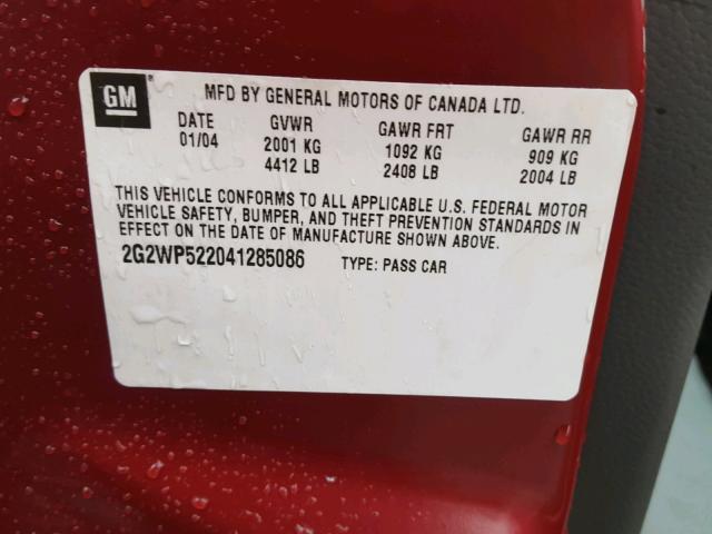 2G2WP522041285086 - 2004 PONTIAC GRAND PRIX BURGUNDY photo 10