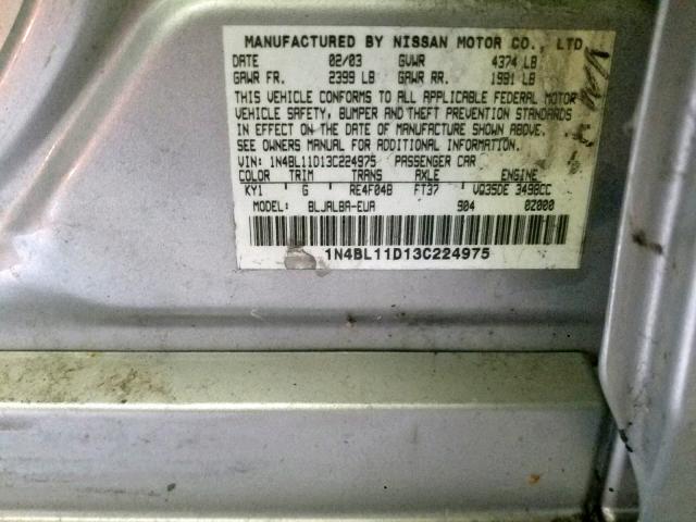 1N4BL11D13C224975 - 2003 NISSAN ALTIMA SE SILVER photo 10