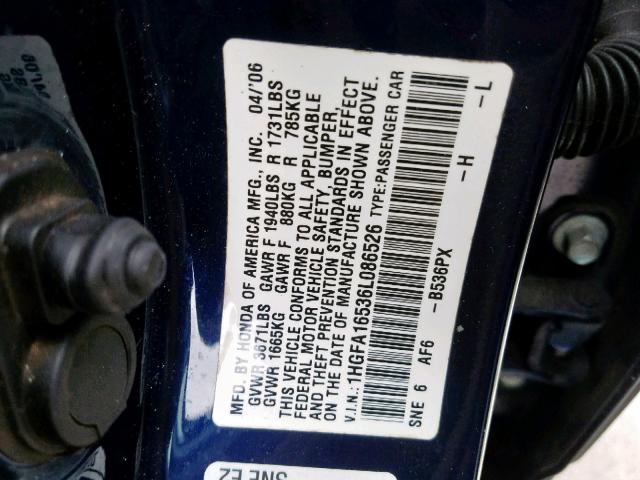 1HGFA16536L086526 - 2006 HONDA CIVIC LX BLUE photo 10