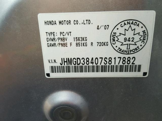 JHMGD38407S817882 - 2007 HONDA FIT SILVER photo 10