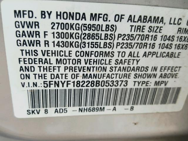 5FNYF18228B053373 - 2008 HONDA PILOT VP SILVER photo 10