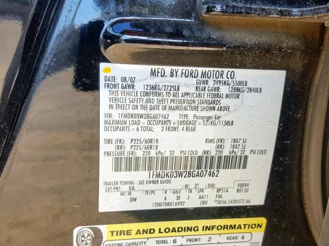 1FMDK03W28GA07462 - 2008 FORD TAURUS X L BLACK photo 10