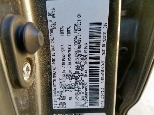 3TMCZ5AN4HM049852 - 2017 TOYOTA TACOMA DOU ნაცრისფერი ფოტო 10