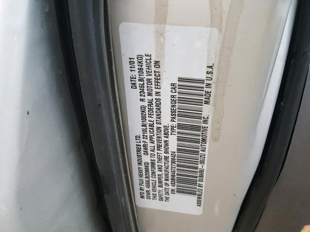 4S3BH645727306424 - 2002 SUBARU LEGACY GT GRAY photo 10