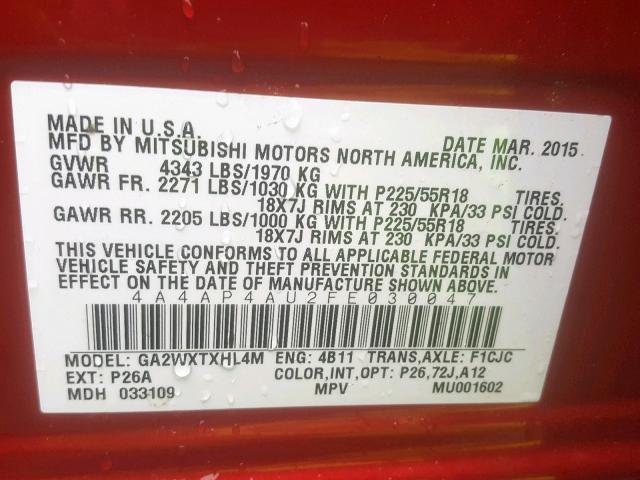 4A4AP4AU2FE030047 - 2015 MITSUBISHI OUTLANDER RED photo 10