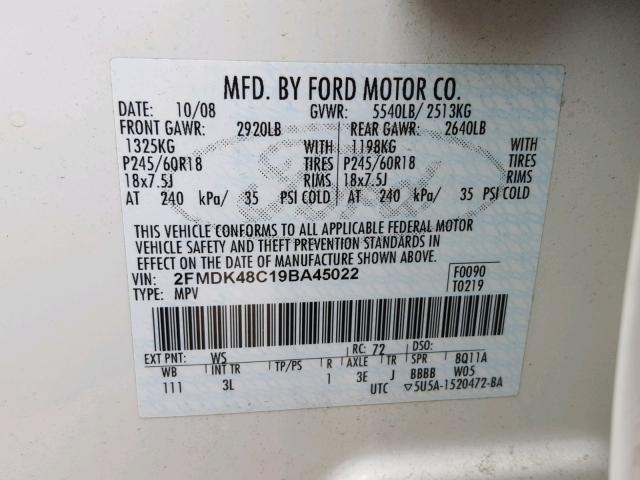 2FMDK48C19BA45022 - 2009 FORD EDGE SEL WHITE photo 10