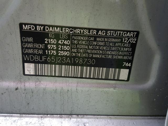 WDBUF65J23A198730 - 2003 MERCEDES-BENZ E 320 SILVER photo 10