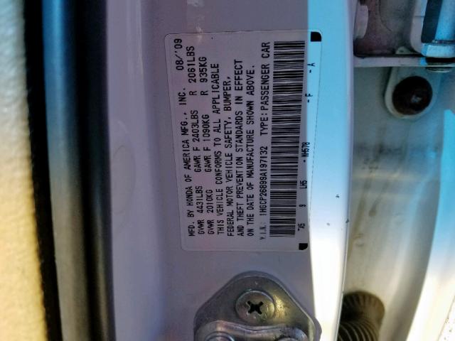 1HGCP26899A197132 - 2009 HONDA ACCORD EXL WHITE photo 10