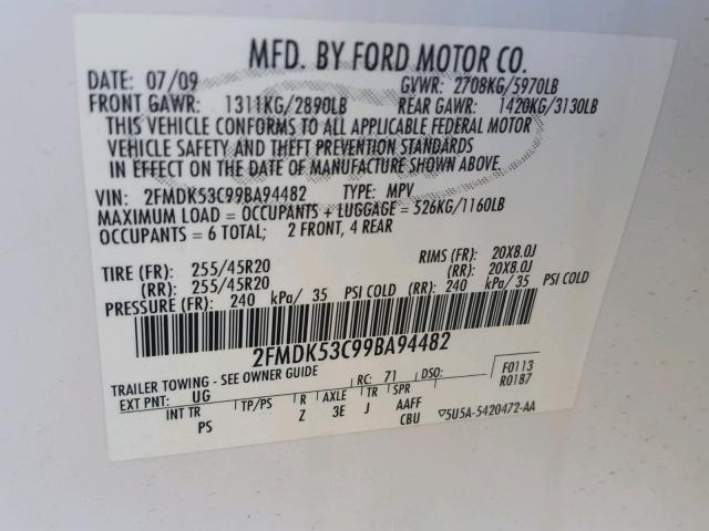 2FMDK53C99BA94482 - 2009 FORD FLEX LIMIT WHITE photo 10