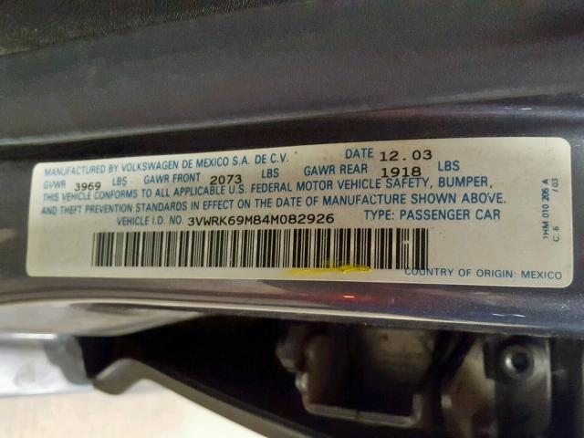 3VWRK69M84M082926 - 2004 VOLKSWAGEN JETTA GL GRAY photo 10