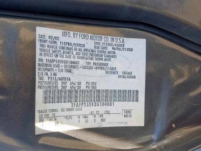 1FAFP55S93G104081 - 2003 FORD TAURUS SES GRAY photo 10