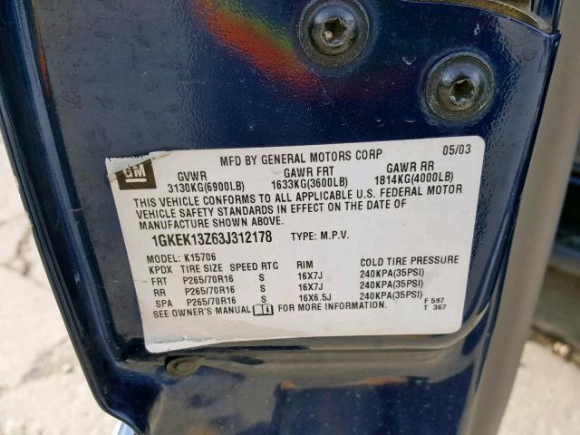 1GKEK13Z63J312178 - 2003 GMC YUKON BLUE photo 10