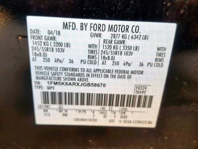 1FM5K8ARXJGB58670 - 2018 FORD EXPLORER P BLACK photo 10