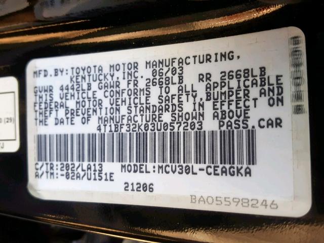 4T1BF32K03U057203 - 2003 TOYOTA CAMRY LE BLACK photo 10