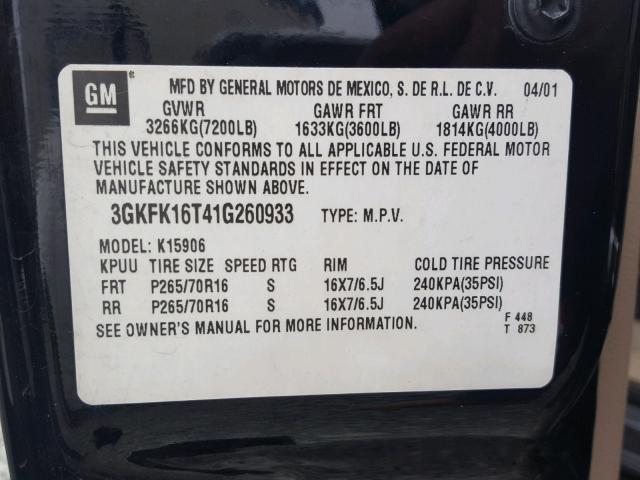 3GKFK16T41G260933 - 2001 GMC YUKON XL K BLUE photo 10