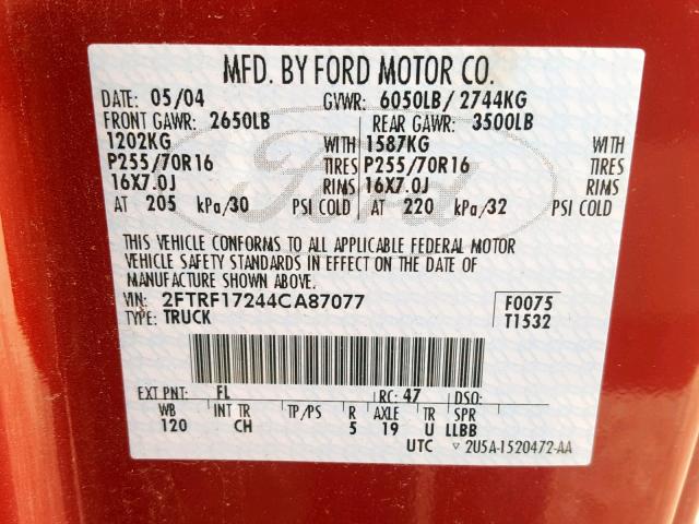 2FTRF17244CA87077 - 2004 FORD F-150 HERI RED photo 10