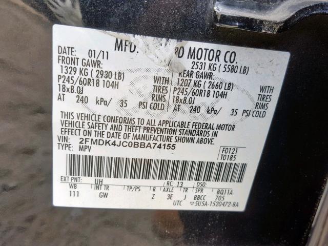 2FMDK4JC0BBA74155 - 2011 FORD EDGE SEL BLACK photo 10