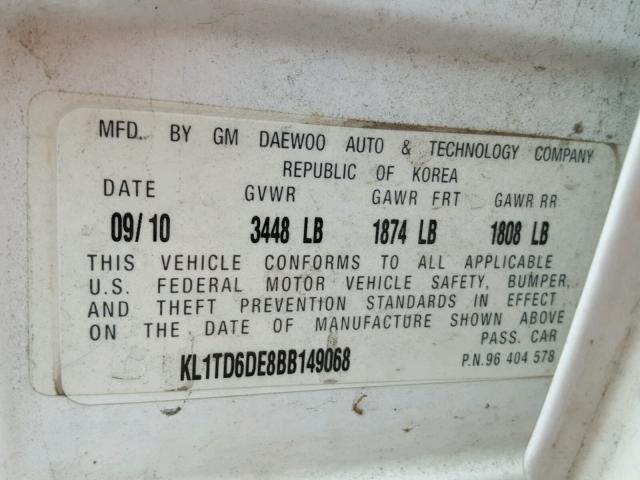 KL1TD6DE8BB149068 - 2011 CHEVROLET AVEO LS WHITE photo 10