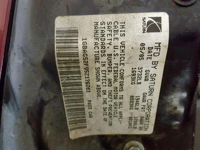 1G8AG52F95Z176203 - 2005 SATURN ION LEVEL RED photo 10