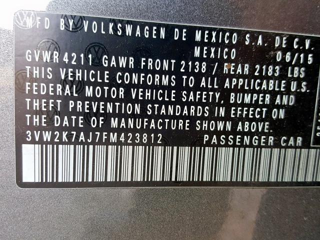3VW2K7AJ7FM423812 - 2015 VOLKSWAGEN JETTA BASE 灰色 照片 10
