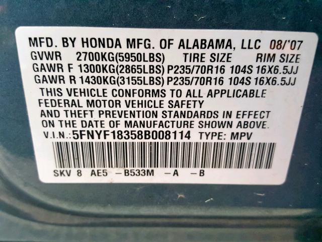 5FNYF18358B008114 - 2008 HONDA PILOT SE BLUE photo 10