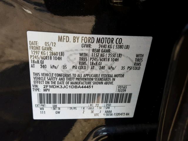 2FMDK3JC1DBA44451 - 2013 FORD EDGE SEL BLACK photo 10