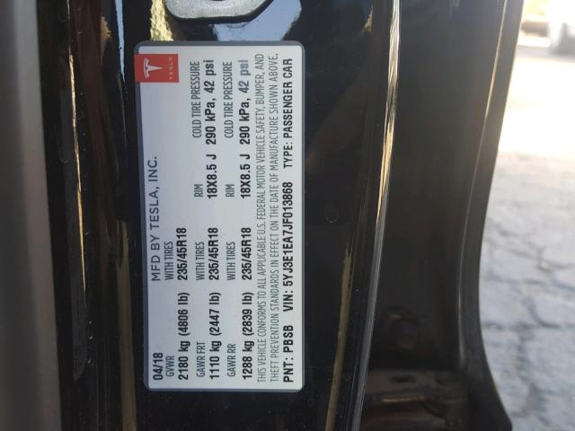 5YJ3E1EA7JF013868 - 2018 TESLA MODEL 3 შავი ფოტო 10
