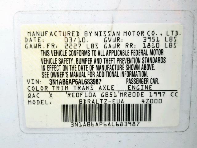 3N1AB6AP6AL683987 - 2010 NISSAN SENTRA 2.0 WHITE photo 10