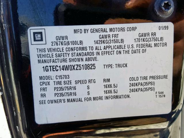 1GTEC14W0XZ510825 - 1999 GMC NEW SIERRA BLACK photo 10