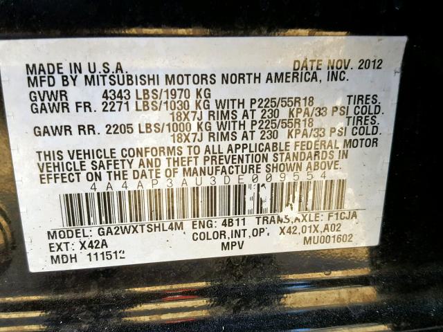 4A4AP3AU3DE009554 - 2013 MITSUBISHI OUTLANDER BLACK photo 10