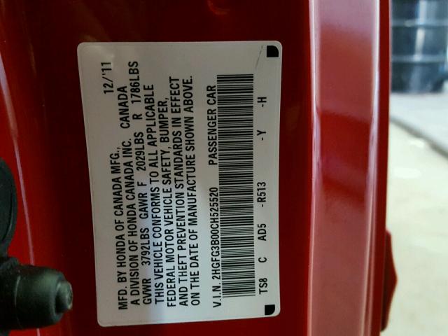 2HGFG3B00CH525520 - 2012 HONDA CIVIC EXL RED photo 10