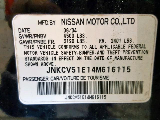 JNKCV51E14M616115 - 2004 INFINITI G35 BLACK photo 10