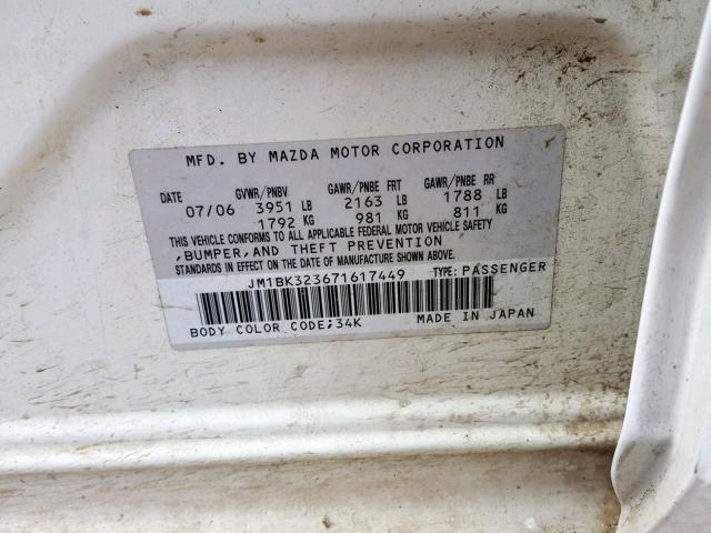 JM1BK323671617449 - 2007 MAZDA 3 S WHITE photo 10