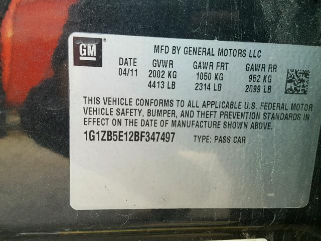 1G1ZB5E12BF347497 - 2011 CHEVROLET MALIBU LS გრაფიტი ფოტო 10