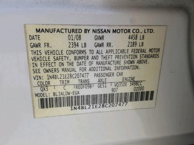 1N4BL21E28C207477 - 2008 NISSAN ALTIMA 3.5 WHITE photo 10