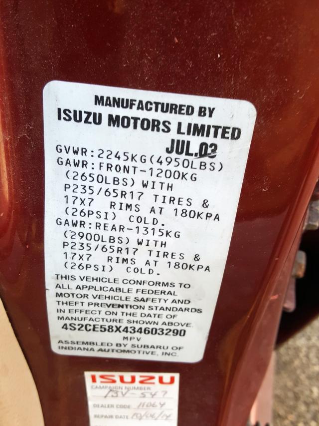 4S2CE58X434603290 - 2003 ISUZU AXIOM XS Tünd qırmızı foto 10