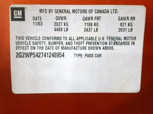 2G2WP542741248954 - 2004 PONTIAC GRAND PRIX ORANGE photo 10