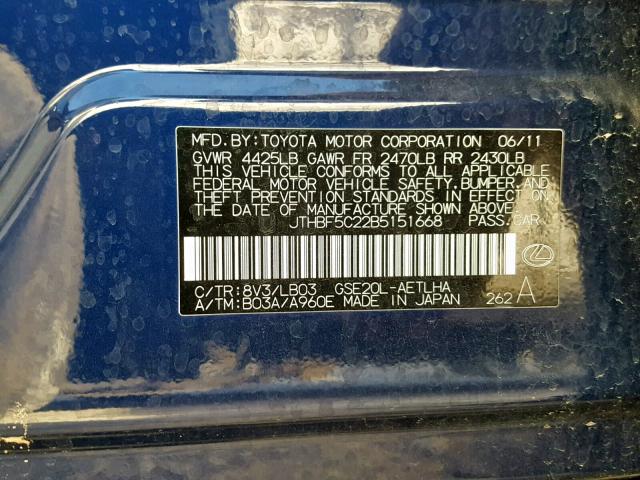 JTHBF5C22B5151668 - 2011 LEXUS IS 250 BLUE photo 10