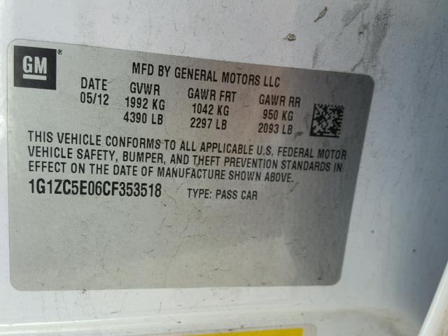 1G1ZC5E06CF353518 - 2012 CHEVROLET MALIBU 1LT WHITE photo 10