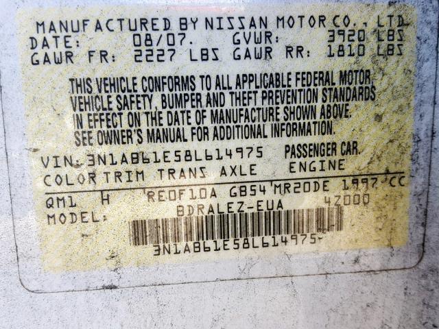 3N1AB61E58L614975 - 2008 NISSAN SENTRA 2.0 WHITE photo 10