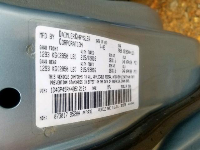 1D4GP45R44B512124 - 2004 DODGE CARAVAN SX BLUE photo 10