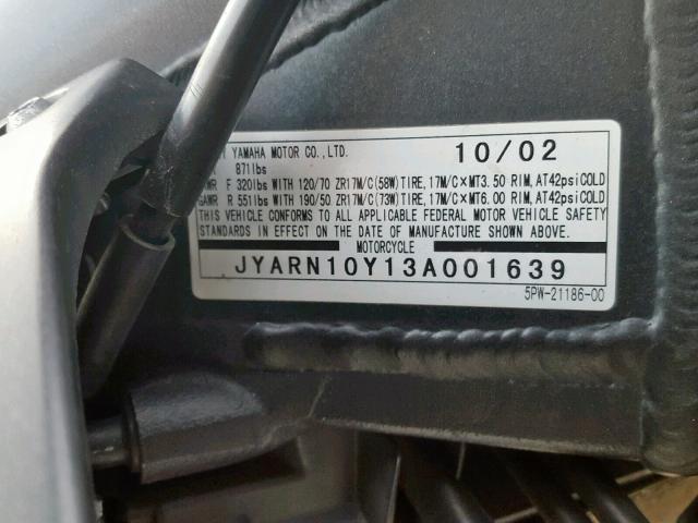 JYARN10Y13A001639 - 2003 YAMAHA YZFR1 BLUE photo 10